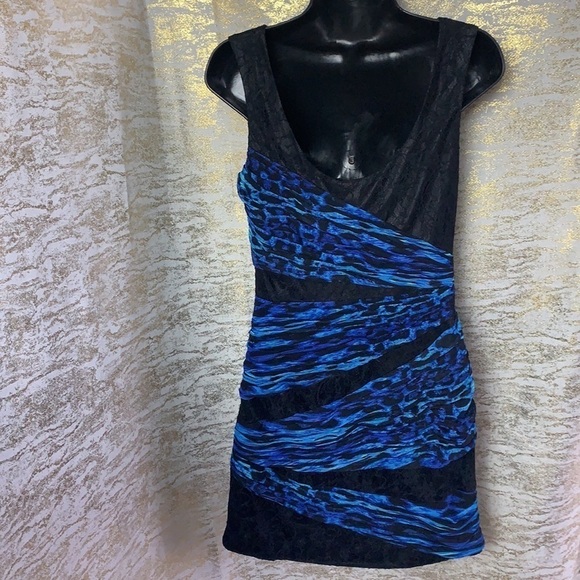 Alberto Makali Black/Blue Ruched Mesh Evening Cocktail Mini Dress Size 8 - Picture 8 of 14